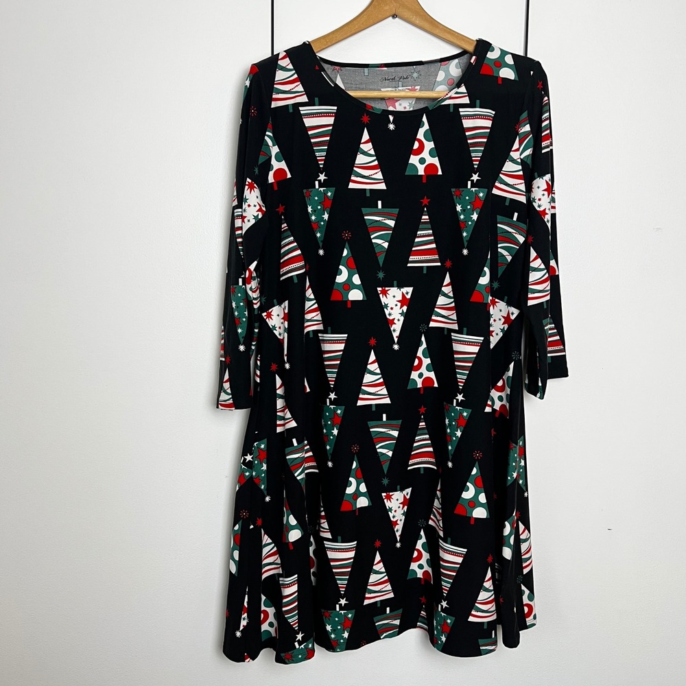 North Pole Trading Co Christmas Tree Nightgown Black 3/4 Sleeve‎ Sleep Dress L